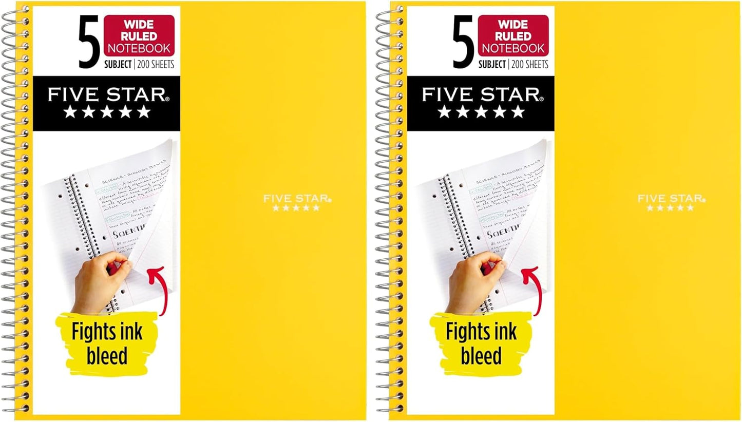 Five Star Spiral Notebook, 5 Subject, Wide Ruled Paper, Fights Ink Bleed, Water Resistant Cover, 8" x 10-1/2", 200 Sheets, Color Will Vary (05206)