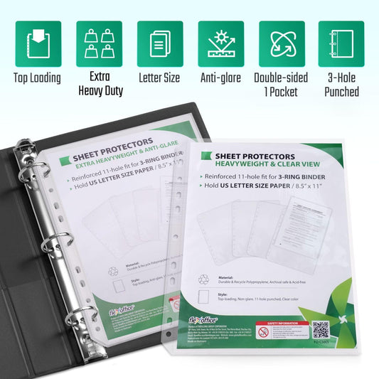 FLEXOFFICE 200 Pack, Extra Heavy Duty Sheet Protectors 8.5 x 11, Non-Glare, Top Loading 9.25 x 11.25 inch, Clear Page Protectors, Plastic Sleeves Reinforced 11-Hole Fit for 3 Ring Binder