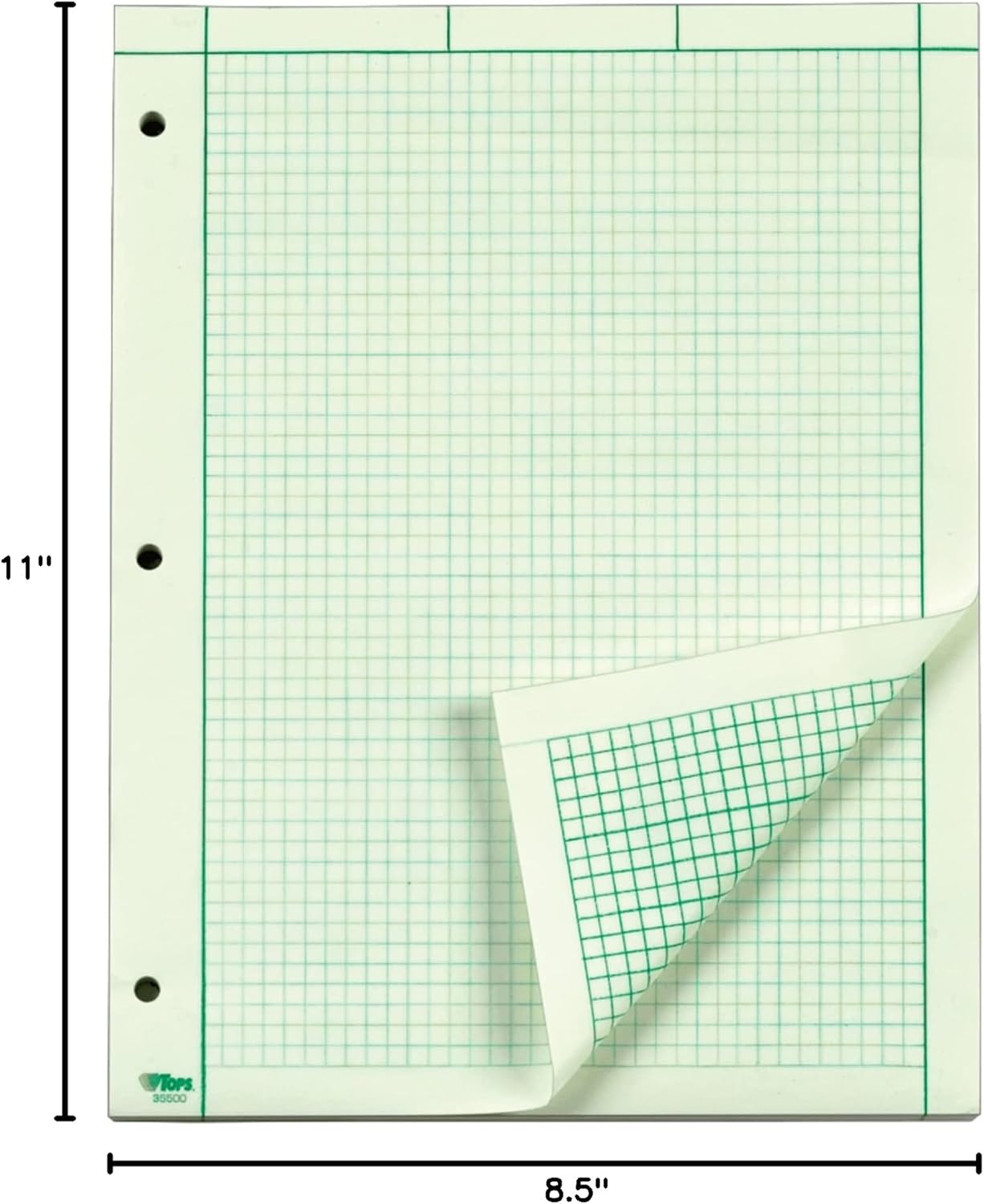 TOPS Engineering Computation Pad, 8-1/2" x 11", Glue Top, 5 x 5 Graph Rule on Back, Green Tint Paper, 3-Hole Punched, 200 Sheets (35502)
