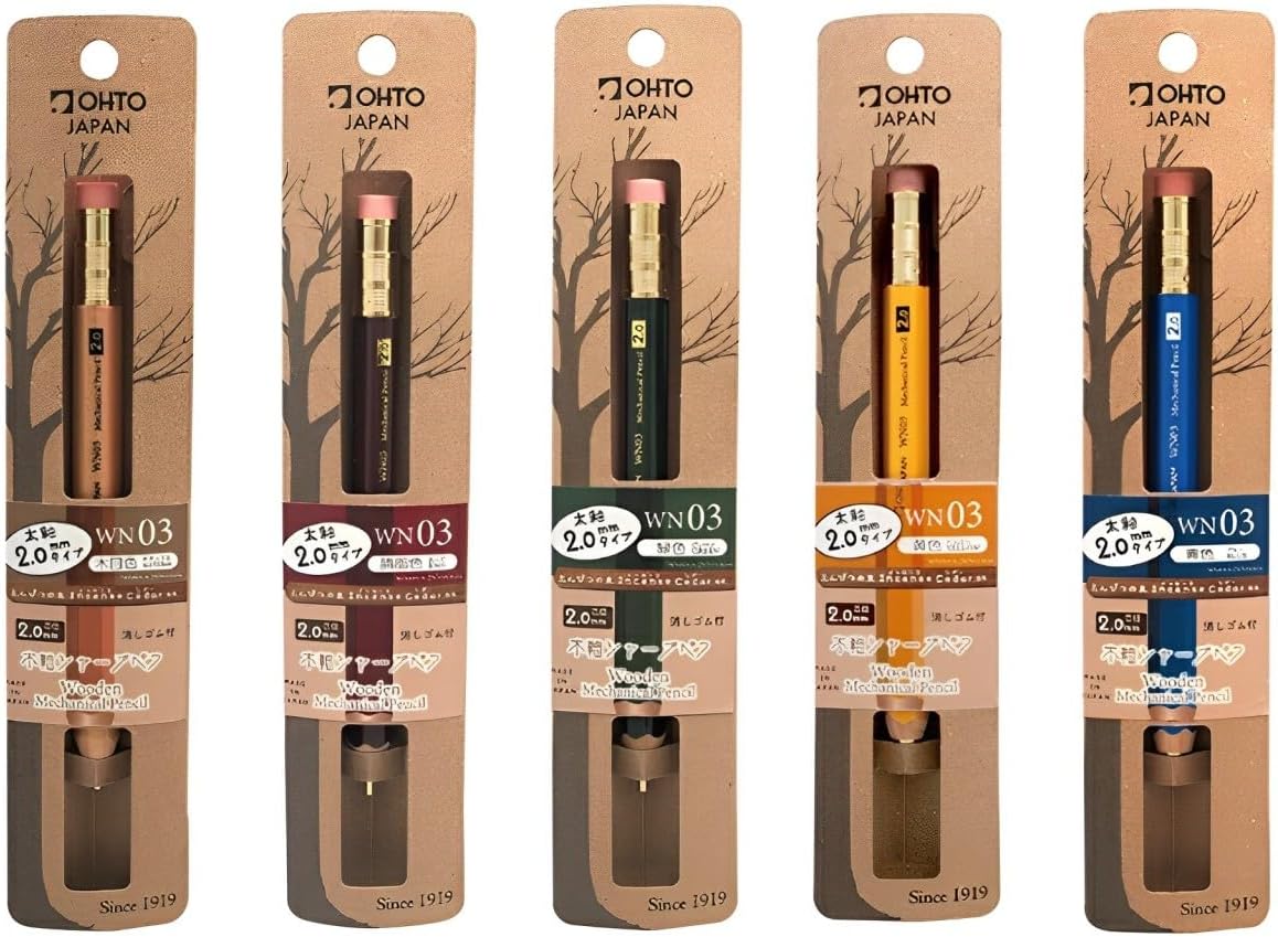 WN03 Wooden Mechanical Pencil Set, 2.0mm Extra Bold, Thick Barrel, Incense Cedar Dark Red Pencil with Lead Refills (HB, B), Eraser Refills, and Brass Sharpener for Writing, Sketching, Drawing