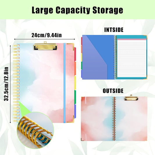Clipboard Folio with Refillable Lined Notepad, FHDUSRYO 24x32.5cm Clipboard Folder with 5 Dividers 10 Pockets, Spiral Clipboards Folio with Storage, A4 Portfolio Binder for Office Nursing (Pink)
