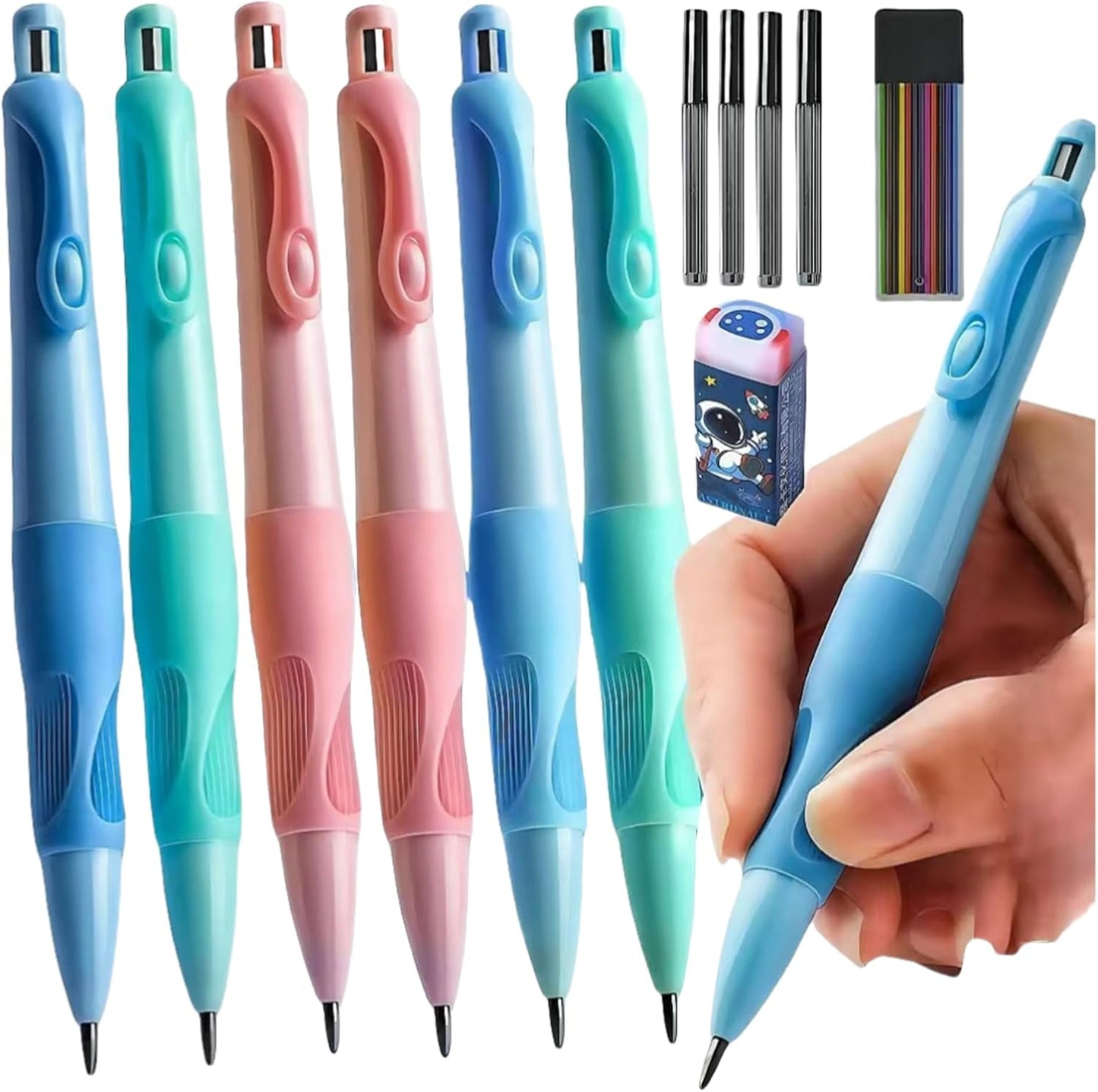 Handwriting thick mechanical pencils with grip: 2.0MM HB Pencil for kids with 14 leads (6 pack)
