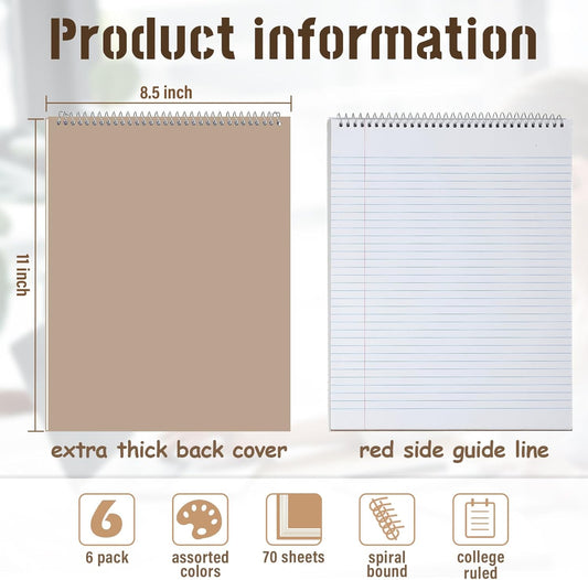 Maitys 6 Pcs Legal Pad Steno Spiral Notebook 8.5" x 11" Top Bound Spiral Pads Hard Cover College Ruled Notepad 70 Sheet Pad for School Office University Home(Pastel Color,Whimsical Style)