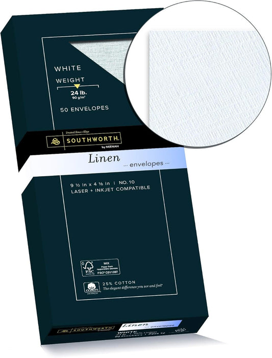 Southworth 25% Cotton #10 Envelopes, 4.125" x 9.5", 24 lb/90 GSM, Linen Finish, White, 50 Count - Packaging May Vary (P554-10)