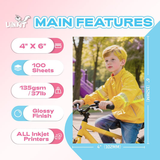 Uinkit 37lb Thin Flyer Paper Glossy 8.5x11 Inkjet 100 Sheets Single Side DIY Chip Bag 135gsm Printer Picture for Inkjet Printer with Dye Ink Letter size A4 Brochure (8.5X11X100)
