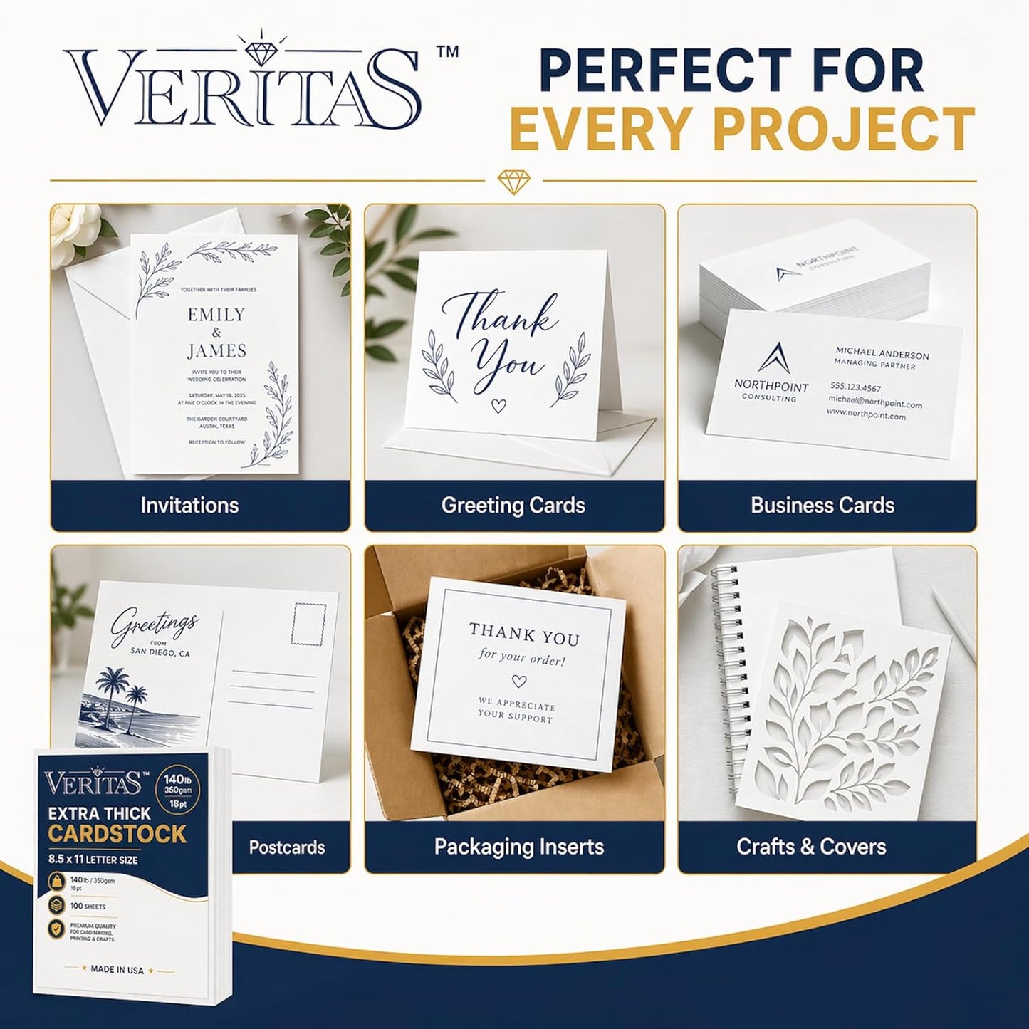 Veritas White Cardstock 8.5 x 11”, 110LB Index/199GSM Heavyweight Card Stock, 100 Sheets, Thick Cardstock Printer Paper for Copy, Printing, Art Projects, Invitations, Made In USA