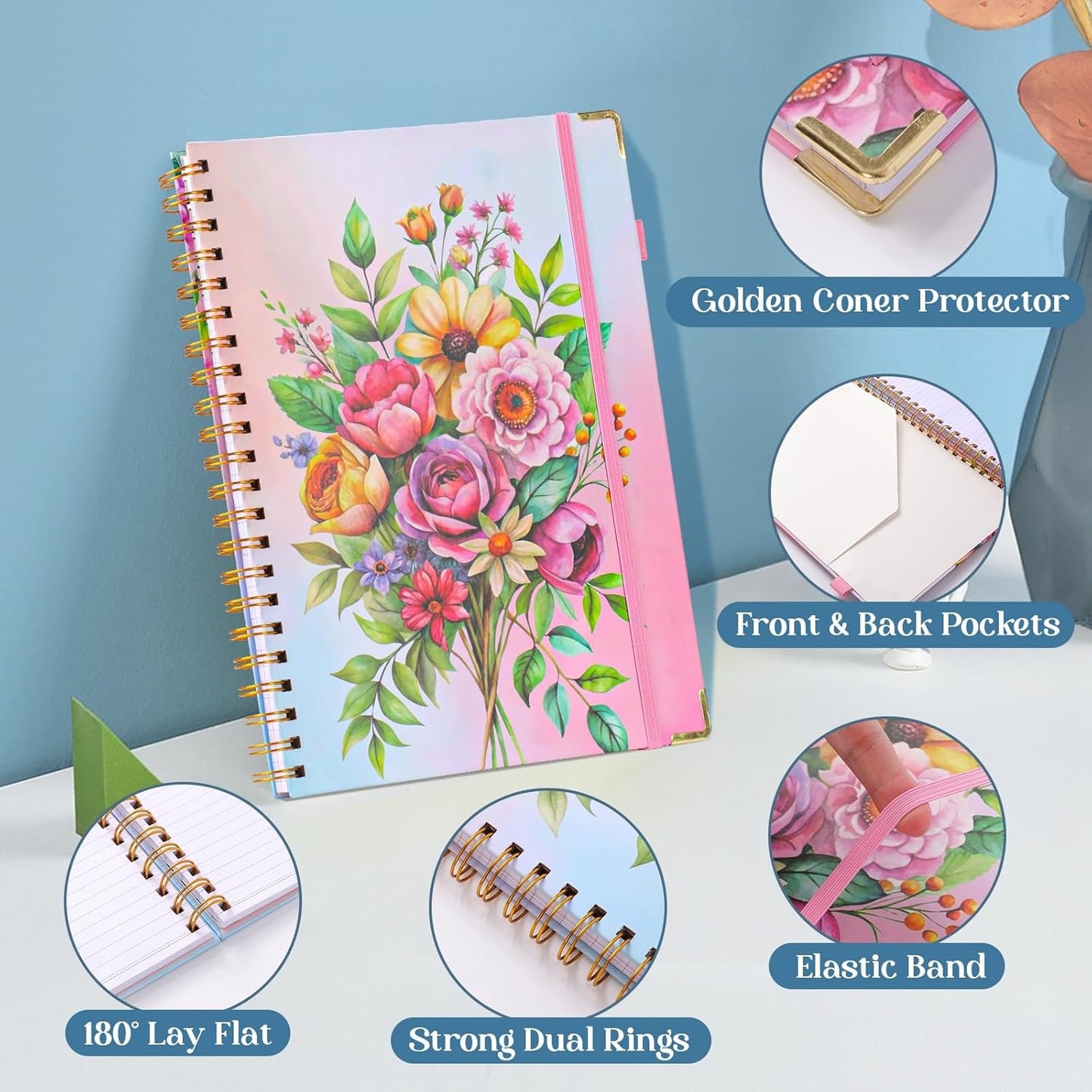 College Ruled Notebook - Hardcover Spiral Notebook 8.5" x 11" - Lined Journal Notebook for Women - A4 Large Notebooks for Writing - Pretty Journal Flower Notebook for Work - Diary - 24 Tabs - Red