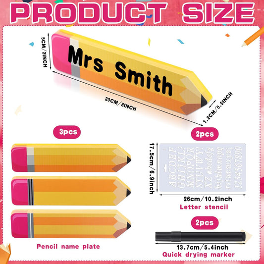 Faccito 3 Pcs Personalized Pencil Desk Name Plate with 2 Markers and 2 Letter Template Teacher Desk Name Plate for Kids Christmas End of Year Last or First Day Gifts School Desk School Office Supplies