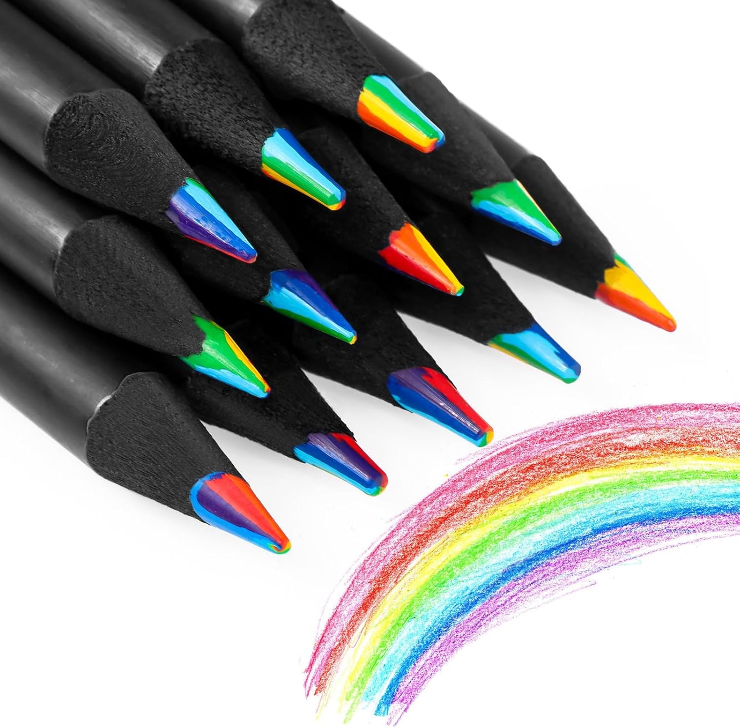 12 Pcs Rainbow Pencils with Sharpener, 7 Color in 1, Black Wooden, Art Supplies for Kids & Adults, Birthday Pencils