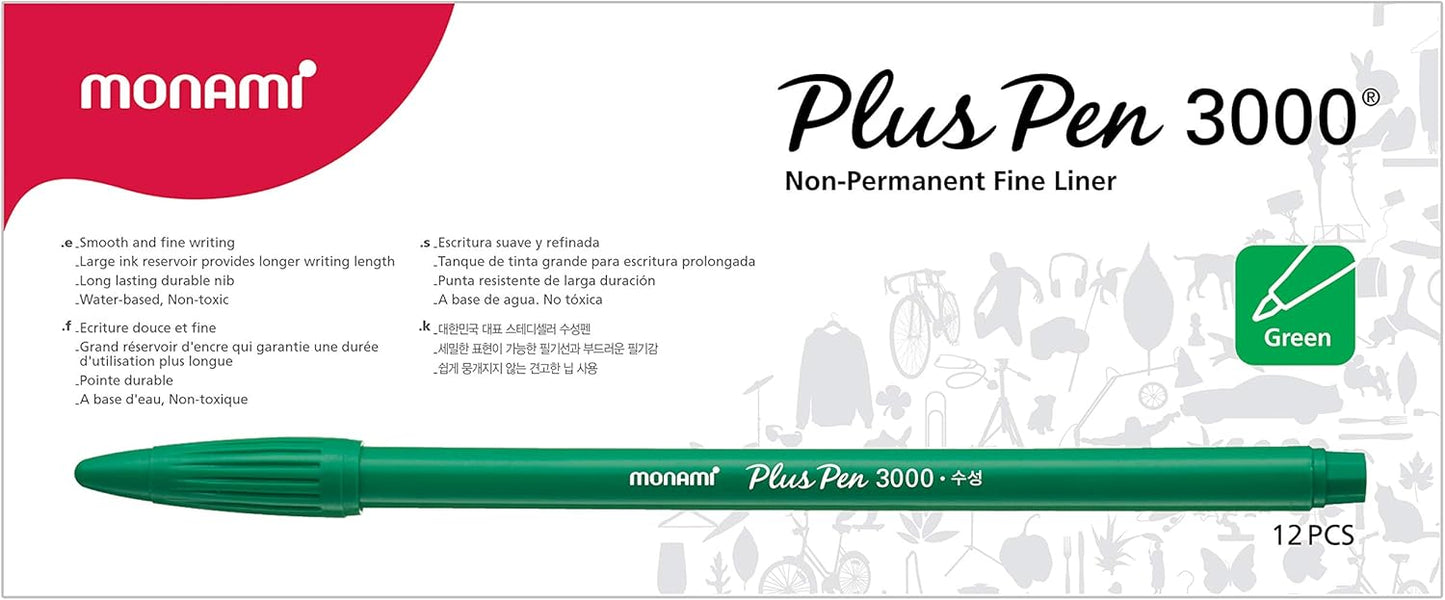 MONAMI Plus Pen 3000 Felt Tip Pens, Fine Point (0.4mm), Fine Liner, Writing/Journaling/Note Taking at home, school and office, Blue, 12-Count