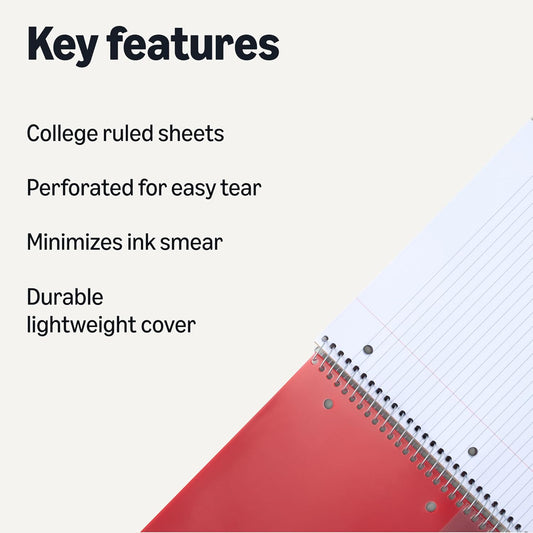 Amazon Basics Wide-Ruled Spiral Notebooks with Pocket Divider, 8" x 10.5", 100 Sheets, Perforated Pages, Assorted Primary Colors, 3-Pack
