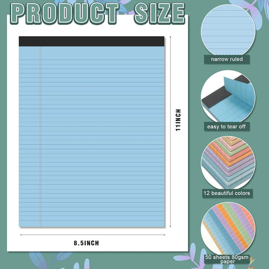 Fuutreo 12 Pcs 8.5'' x 11'' Colored Legal Pad Writing Pads Narrow Ruled 50 Sheets Per Notepad Micro Perforated Writing Pad Note Pads Office Supplies for School College Office Business (Multicolor)