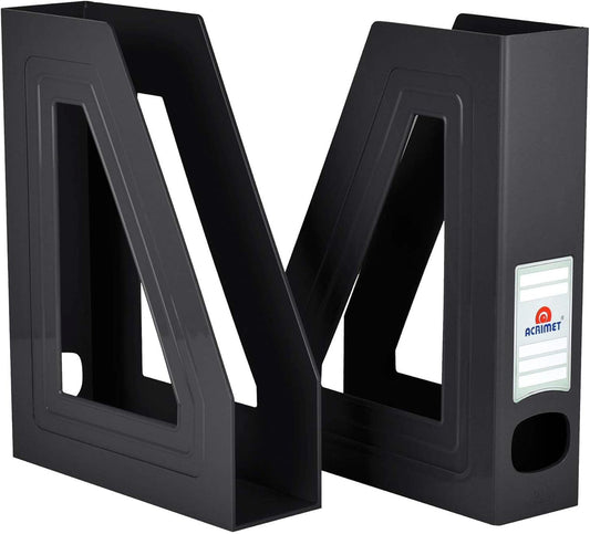 Acrimet Magazine File Holder Bin Storage, Vertical Rack for Documents, Folders and Mail, Durable Plastic Desk Organizer for Office & Home (Black Color) (2 Pack)