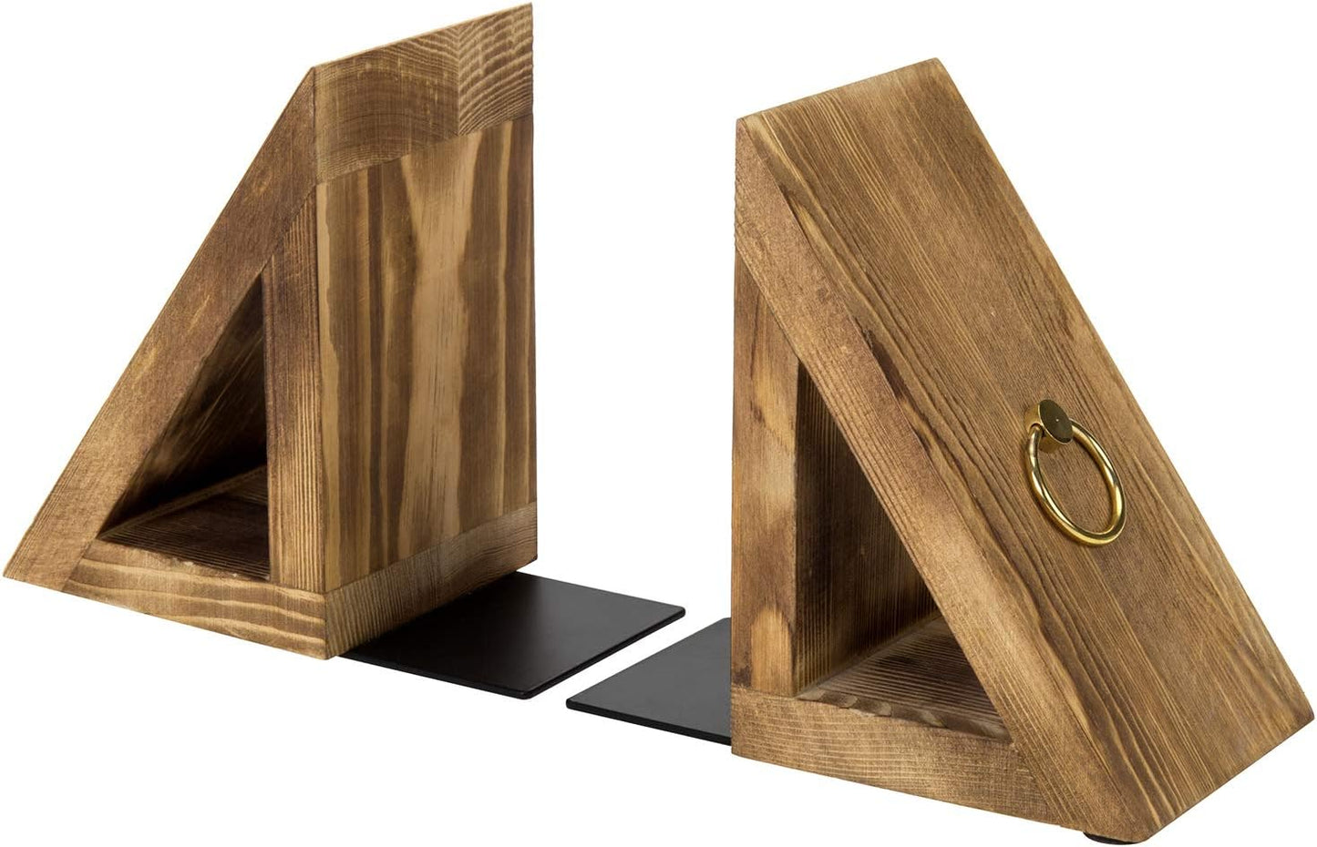 MyGift Brass Wood Decorative Bookends Triangular Design, Office Desk Wooden Book Ends, Book Stand for Shelves with Tone Ring Accent, Rustic Burnt