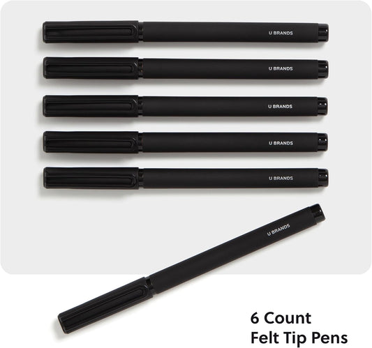 U Brands Catalina Felt Tip Pens, Pen Set of 6 Black Ink Pens, Soft Touch Midnight Black, Medium (0.7 mm) Point