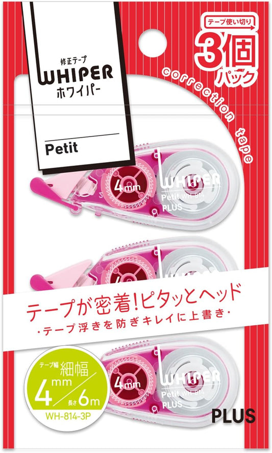 Plus WH-814-3P Correction Tape, White Petite, 0.2 inches (4 mm), Pink, Pack of 3 49-244