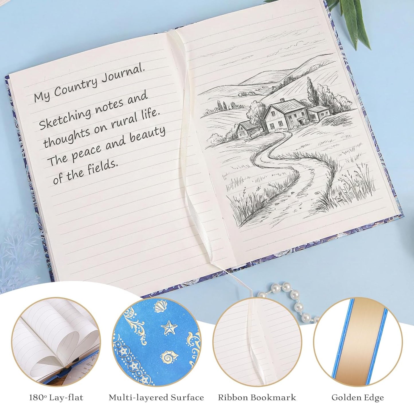 Hardcover Lined Journal - 224 Pages 100GSM Thick Paper A5 Notebook with Gilded Edges, Elegant Blue Damask Floral Pattern, Classic Aesthetic Diary for Women