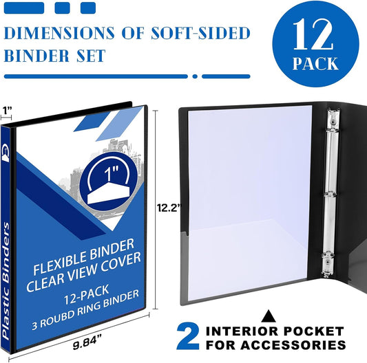 Fulmoon 12 Pcs Economy View 3 Ring Plastic Binder 12.2 x 9.8 Inch Plastic Round Ring Binders with Pockets Notebinder for Meetings for Home, Office, School(White, 1/2 Inch)