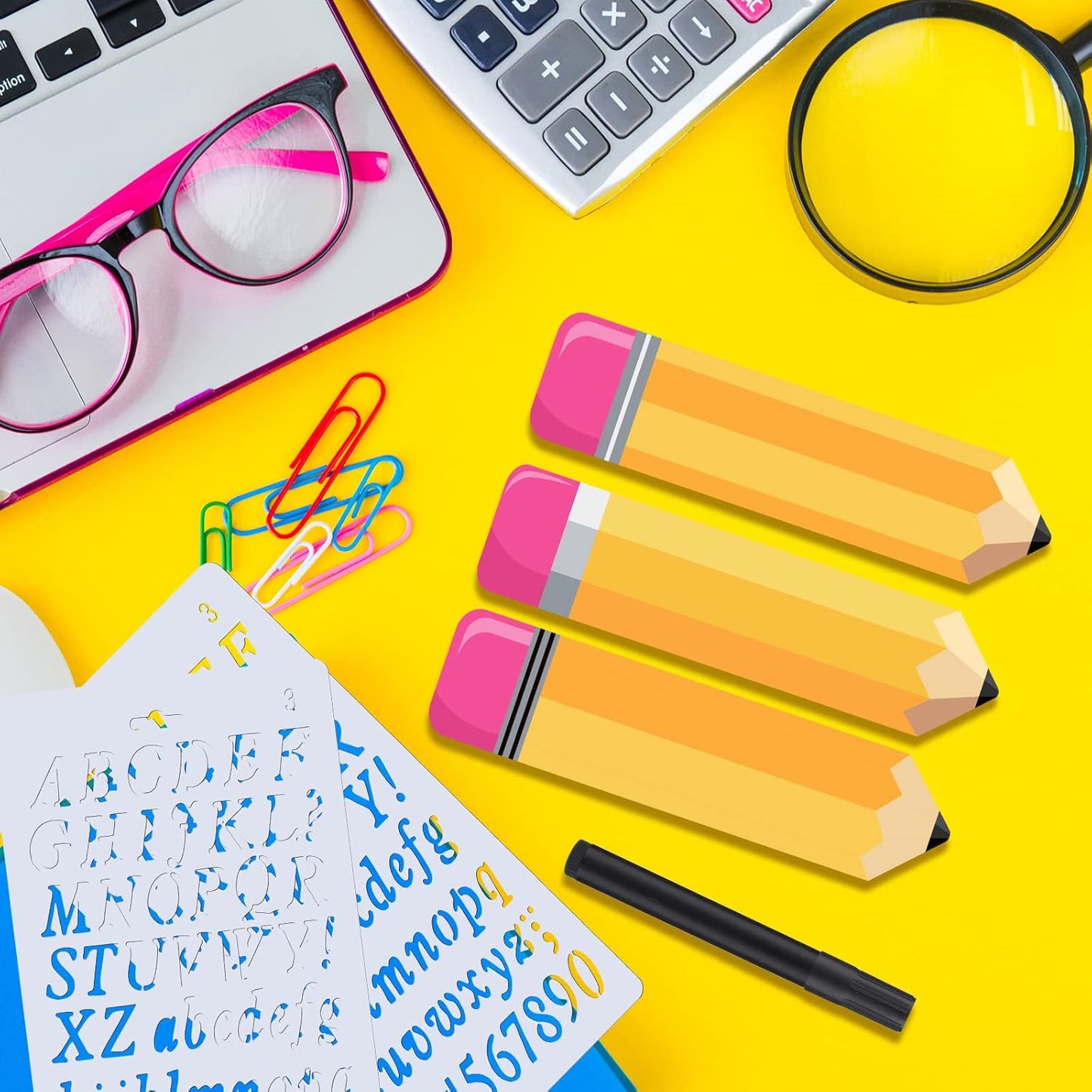 Faccito 3 Pcs Personalized Pencil Desk Name Plate with 2 Markers and 2 Letter Template Teacher Desk Name Plate for Kids Christmas End of Year Last or First Day Gifts School Desk School Office Supplies
