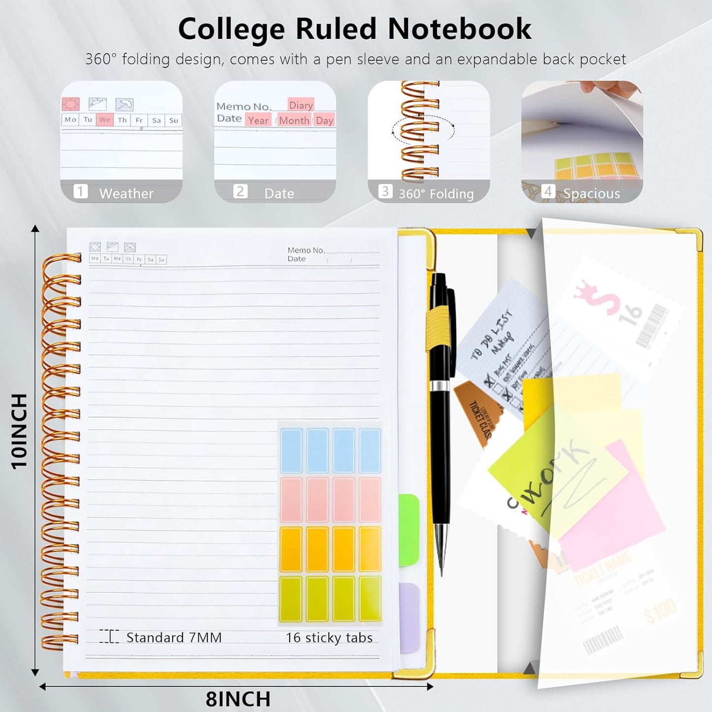 Hardcover Spiral Notebook College Ruled, 8"x10" Leather Journal Notebook with Magnetic Closure, 300 Pages 5 Subject Notebook with Dividers Tabs Journal for Women Men, Work, School(Rose Red)