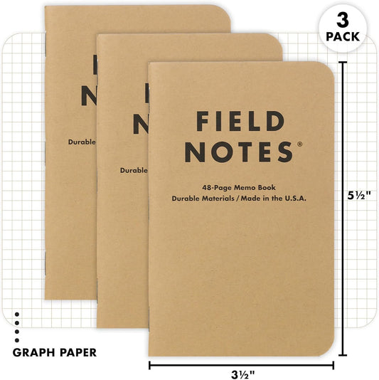 Field Notes: Original Kraft 3-Pack - Mixed Paper (1 Graph/Grid, 1 Ruled/Lined, 1 Plain/Blank) Memo Books - 48 Page Pocket Notebooks - 3.5" x 5.5"