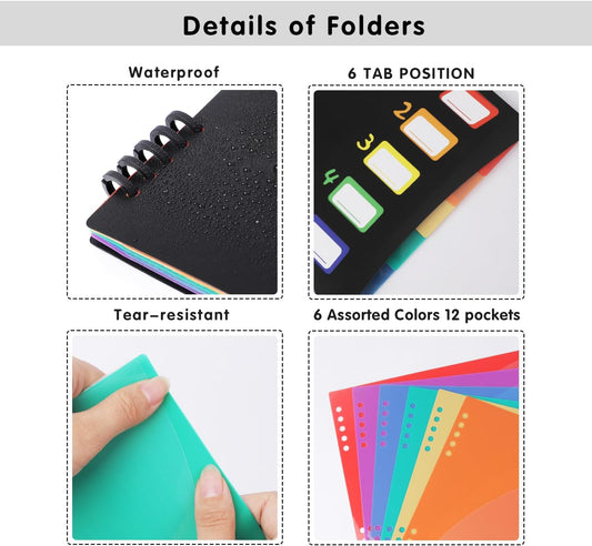 Edufun Rainbow Tab Expanding File Folder - 24 Pockets, Durable A4 Letter Size Organizer, Water-Resistant Plastic Dividers, Home/Office/School Document Holder (Black)