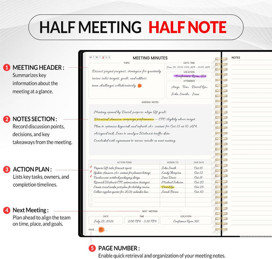SUNEE Half Meeting Half Note 7"x10" Notebook for Work – 140 Pages, B5 Size Project Planner for Women&Men, Minutes Organizer for Meeting Notes, Ideas for Office/Business, PVC Waterproof Cover, Black
