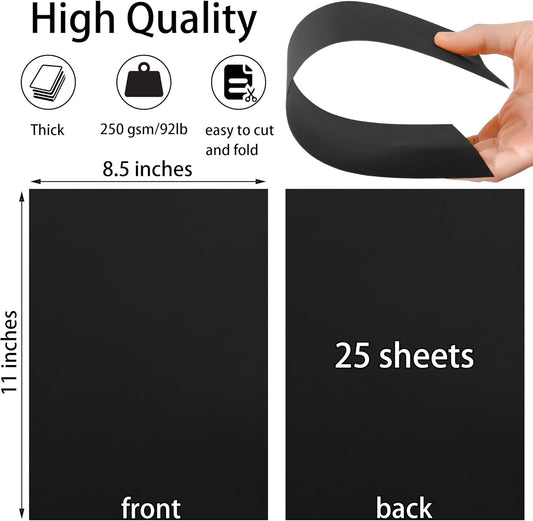 25 Sheets Black Cardstock Paper 8.5'' x 11'', 250gsm/92lb Thick Paper for Scrapbook, Invitations, Printing and DIY Cards