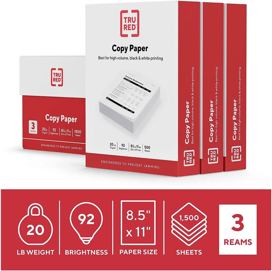 TRU RED 8.5x11 Copy Paper 20 lb. 92-Bright 5000 Sheets/Carton, For Office, School & Home