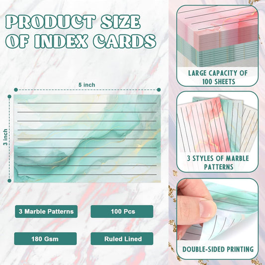 100 Pack Colored Index Cards 3x5 Marble Notecards Lined FlashCards for Studying Heavy Note Cards 180 gsm Memo Cards for Office Home School Supplies