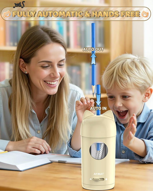 AFMAT Electric Pencil Sharpener, Automatic Pencil Sharpener, Auto in & Out, Colored Pencil Sharpeners for φ7-8mm Pencils, Rechargeable & Cordless, Battery Powered for Classroom Home School PSX9