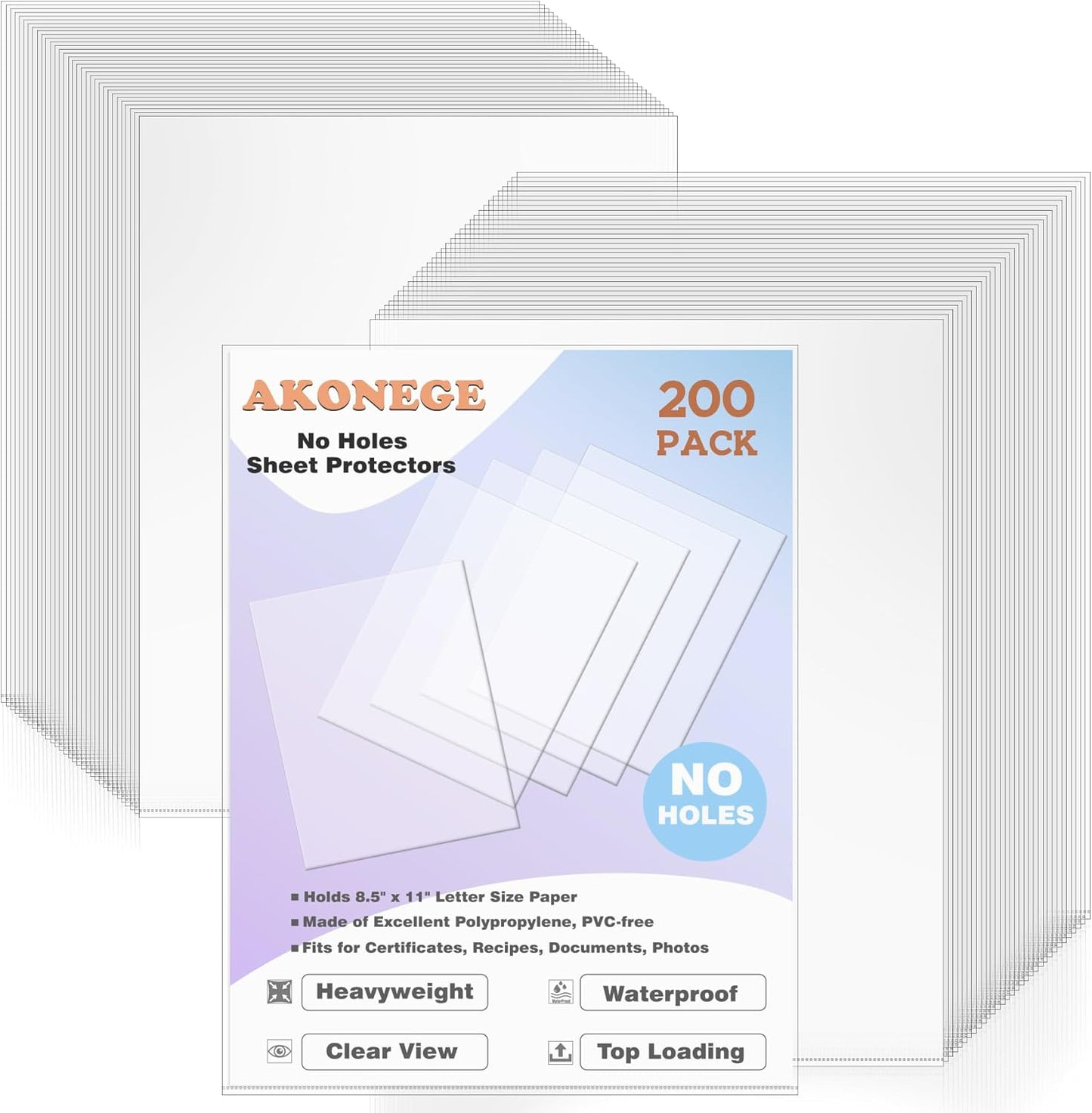 AKONEGE 50 Pack No Holes Sheet Protectors 8.5 x 11 Inch Letter Size Page Protectors for Documents, Prints, Top Loading Heavyweight Clear View Plastic Sleeves for Papers, Artworks, Photos