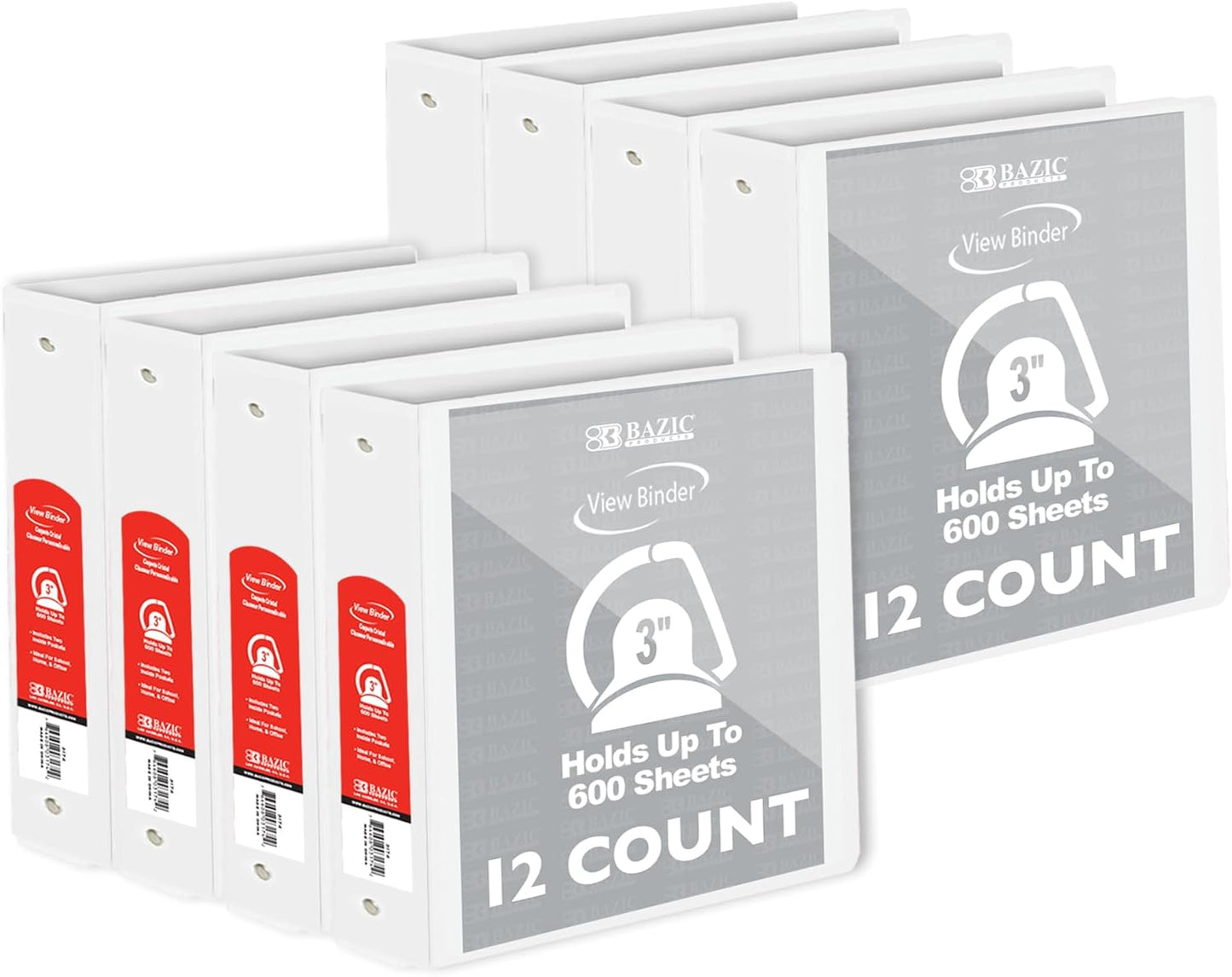 BAZIC Products 3 Ring Binder 3" View Binders Slant D Ring Organizer - White, Hold 600 Sheets Paper, for School Office Home, 2-Count