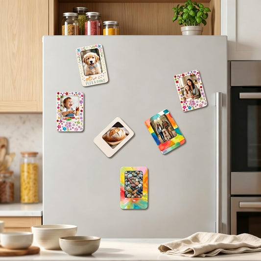 12 Pack Magnetic Wooden Picture Frames – DIY Craft Mini Photo Frames with Watercolor Pencils & Stickers, Paintable Unfinished Wood for Refrigerator Decor, Home Photos