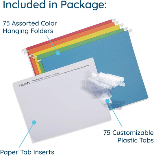 Blue Summit 75 Pack Colored Hanging File Folders Letter Size No Expansion, Colored Hanging File Folders Bulk, Assorted Colors, Designed for Bulky Files, Medical Charts, 1/5 Tabs