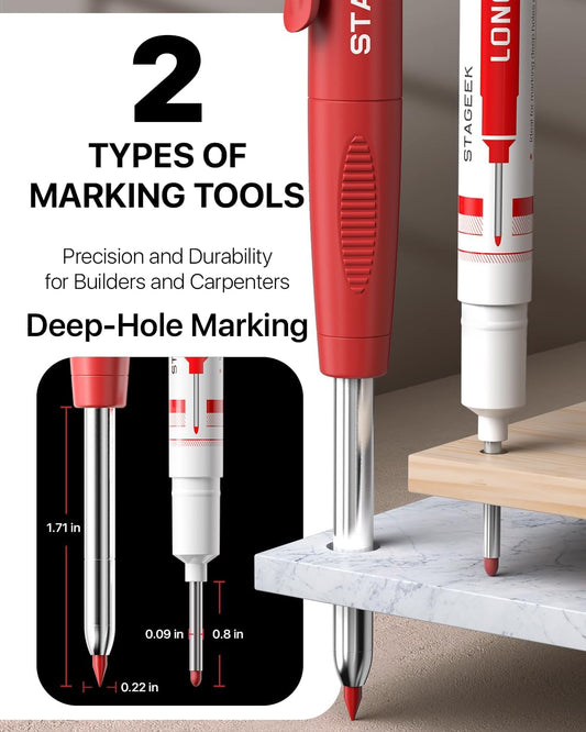 Carpenter Pencils with Sharpener, 2.8mm Mechanical Pencil Set with 26 Refills, Waterproof Deep Hole Long Nib Marker for Architect Marking, Heavy Duty Woodworking Tools for Construction Electricians