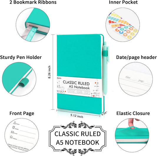 feela College Ruled Notebooks, 24 Pack Business Notebook Hardcover Lined Writing Journal with Pen Holder for Men Women Note Taking, with 24 Black Pens, 120 GSM, 5.1”x8.3”, A5, White