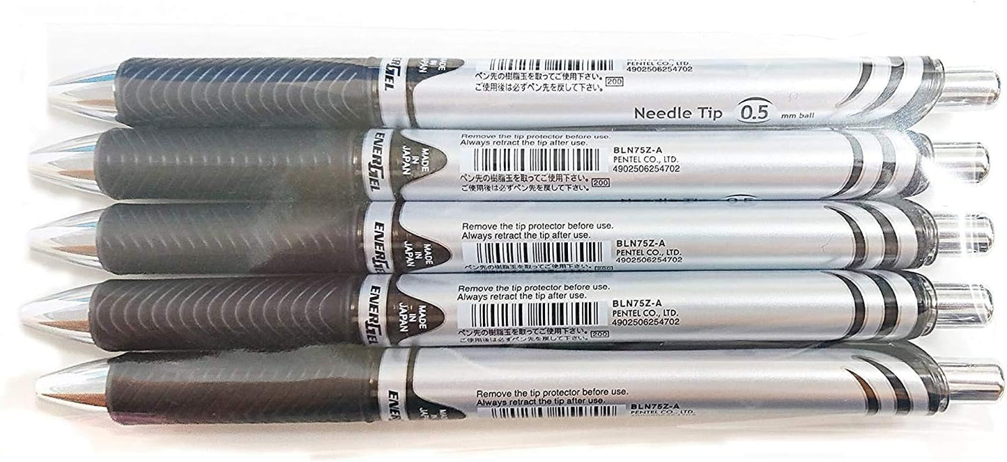 Pentel EnerGel Deluxe RTX Retractable Liquid Gel Pen,0.5mm, Fine Line, Needle Tip, Black Ink-Value set of 5