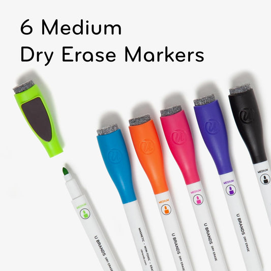 U Brands Fine Tip Dry Erase Markers with Eraser, Low Odor Whiteboard Markers Fine Tip, Assorted Bright Colors, Set of 6