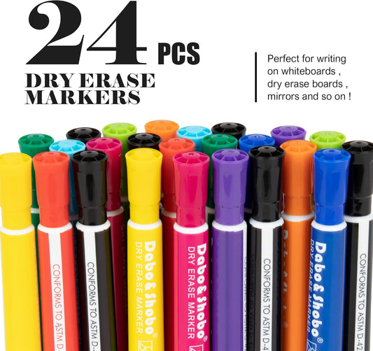 Dabo&Shobo Dry Erase Markers 24 Pack, 10 Assorted Colors With Low Odor Ink, Chisel Tip, Whiteboard Markers For Office