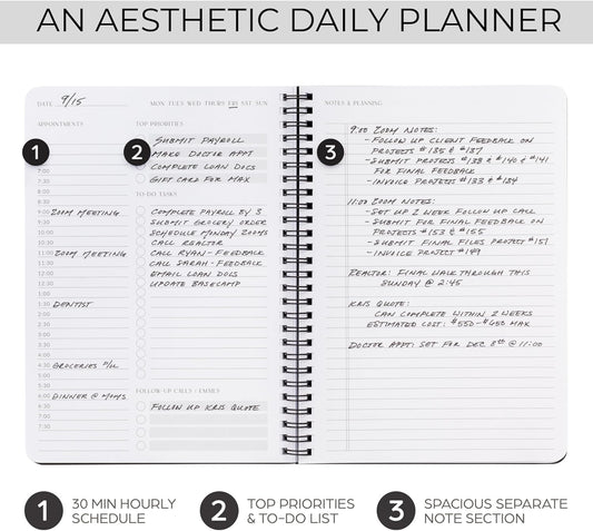 Beautiful Daily Planner And Notebook With Hourly Schedule - Aesthetic Spiral To do List Notepad to Easily Organize Your Tasks And Appointments - Stylish Book And School Or Office Supplies For Women