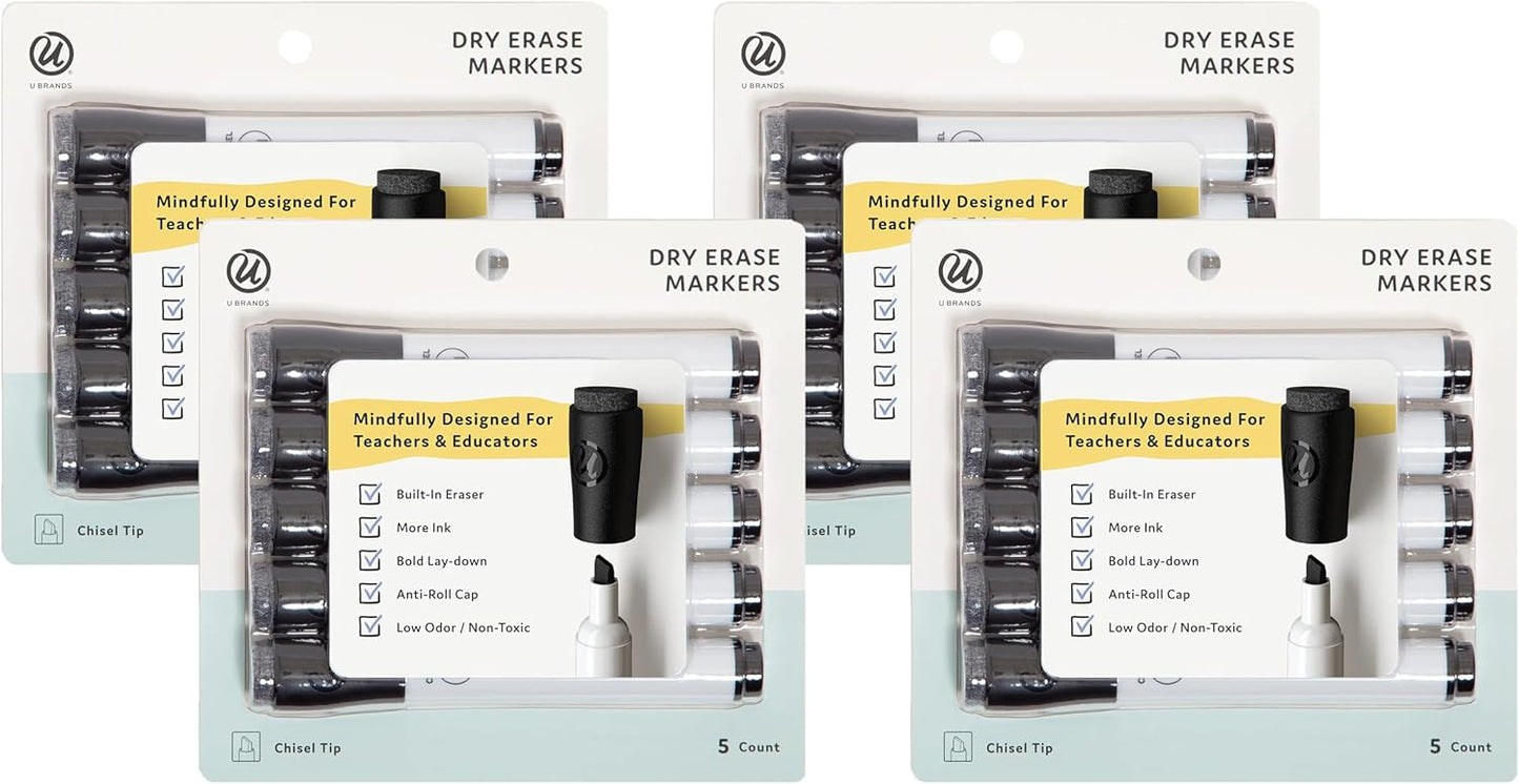 U Brands Fine Tip Dry Erase Markers with Eraser, Whiteboard Markers with Chisel tip, Low Odor, Black, Set of 5