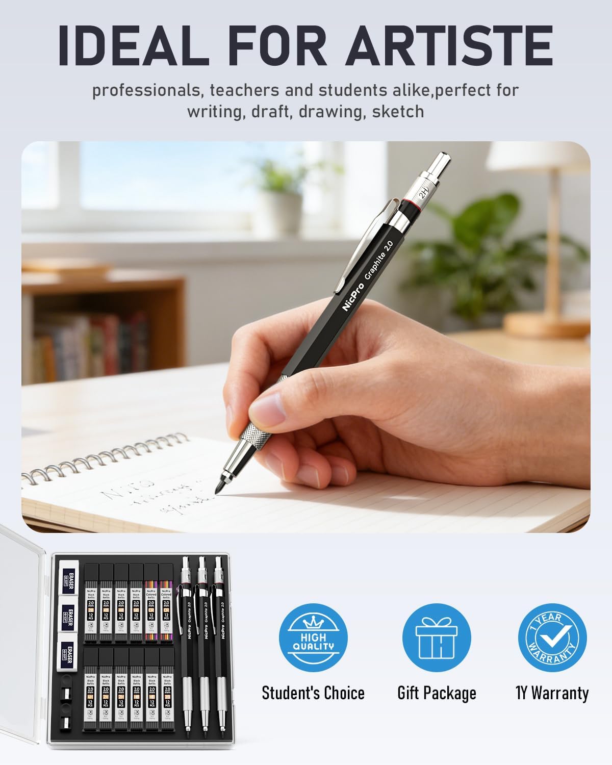Nicpro 2mm Metal Mechanical Pencil Set with Case, 3PCS Lead Pencil Holder 2.0 mm with 144PCS Lead Refills (4H 2H HB 2B 4B 6B Color), Eraser, Sharpener for Drafting Writing Drawing Sketching