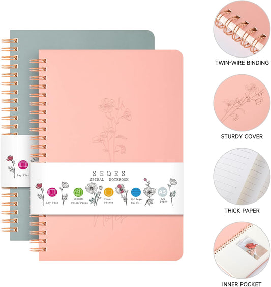 Spiral Notebook 3 Pack - 100GSM Smooth No-Bleed Paper,120 Pages A5 8.26x5.7 Inch, 7mm Ruled Pages, Inner Pocket | Journal Writing, College, Office Meetings (BEIGE AND GREEN AND APRICOT)