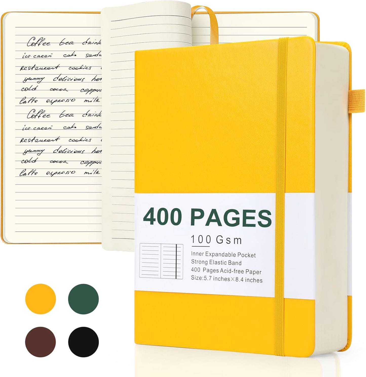 Journals for Writing, A5 Leather Ruled Notebook with 400 Pages, 100 Gms College Ruled Journal with Thick Paper, Hardcover with Inner Pocket & Pen Holder, Dark Green