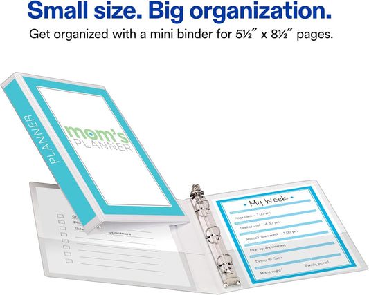 Avery Mini Durable View 3 Ring Binder, Holds 5.5" x 8.5" Paper, 0.5" Round Rings, 100-Sheet Capacity, 0.7 Inch Wide Spine, 1 White Binder, Great for Home, School Supplies, Office, and More (27726)