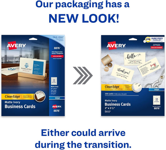 Avery Clean Edge Printable Business Cards with Sure Feed Technology, 2" x 3.5", Ivory, 200 Blank Cards for Inkjet Printers (08876)