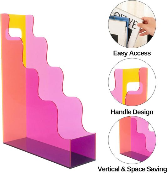 Acrylic File Organizer, Vertical Magazine File Holder, Cute Desk Storage for Holds Files Papers Magazines, Colorful