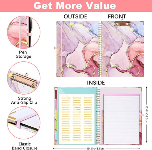 Clipboard Folio with Refillable Notepads, Marble Clipfolio with 5 Dividers with 10 Pockets, Spiral Clipboard Folder Design for School, Office, Work, Teacher, Students, Nurses (Pink, 9.4 x 12.8)