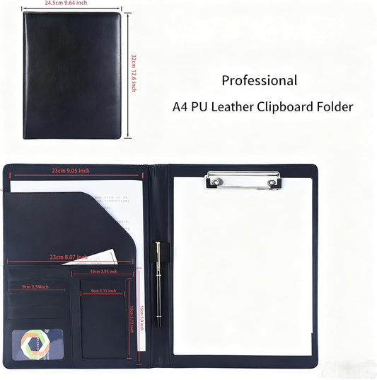 FXNT Professional A4 Clipboard Folder - PU Leather Padfolio Organizer with Clipboard, Business Portfolio for Resume, Documents, Meetings (Black)